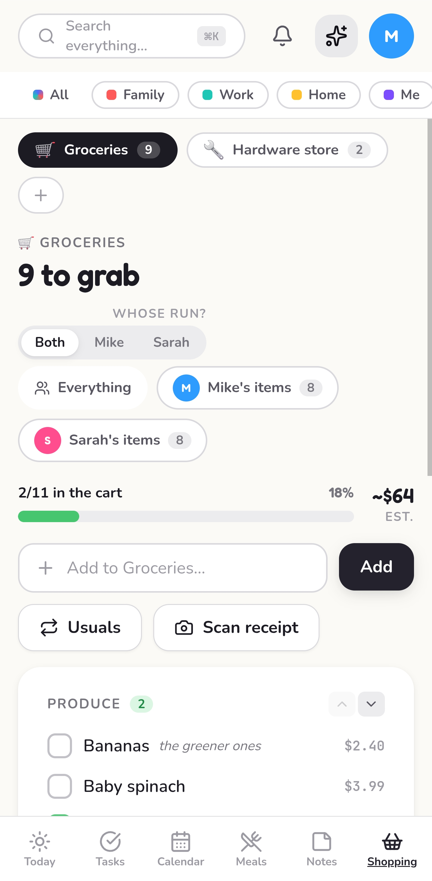 TopHat shopping list on mobile
